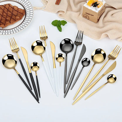 24Pcs 18/10 Stainless Steel Dinnerware Set Black Gold Cutlery Spoon Fork Knife Western Cutleri Silverware tableware Set Supplies